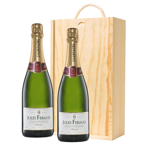 Jules Feraud Brut Champagne 75cl Double Pine Wooden Gift Boxed (2x75cl)